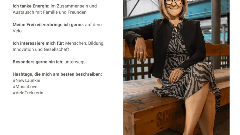 Barbara sitzt auf einer Bank und lächelt. Mit Text wird sie vorgestellt
