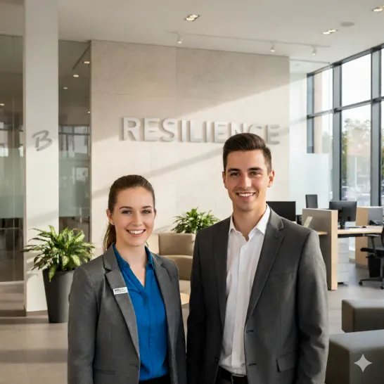 Eine junge Frau und ein junger Mann stehen vor einem Schild Resilienz