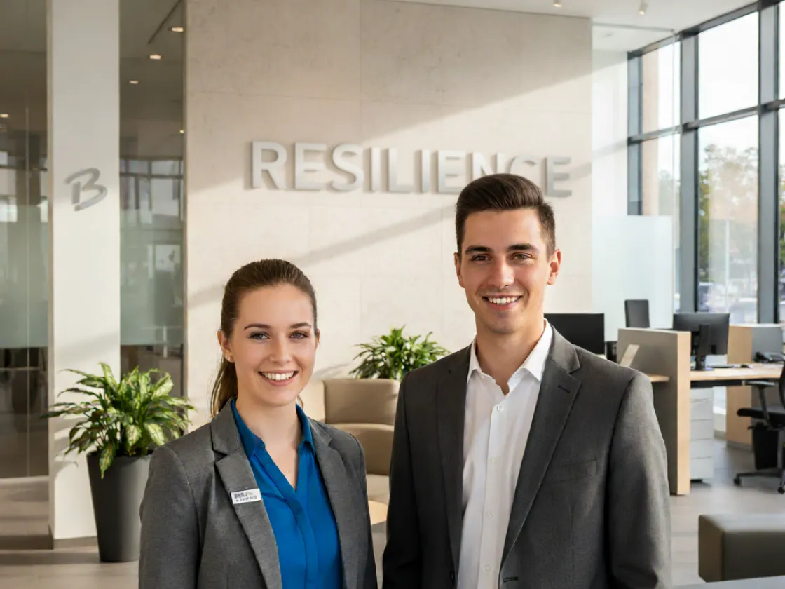 Eine junge Frau und ein junger Mann stehen vor einem Schild Resilienz